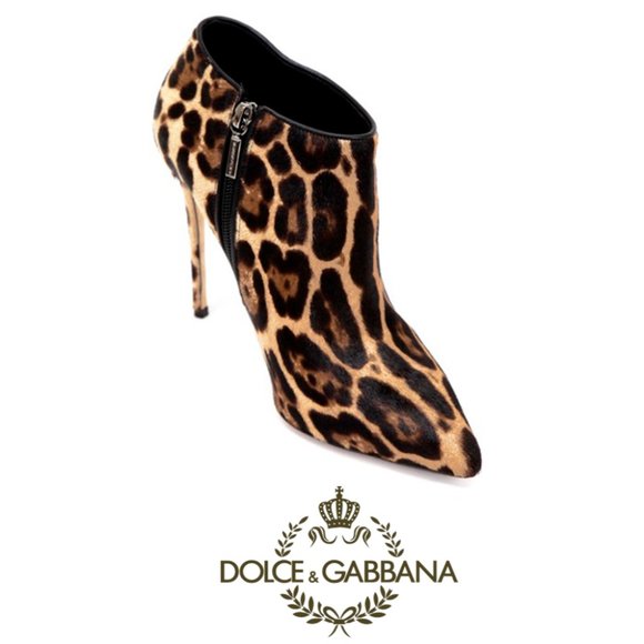 NIB Dolce and Gabbana Leopard Print Leather Women 7 US 37 EUR Ankle Heeled Boots - Picture 1 of 11
